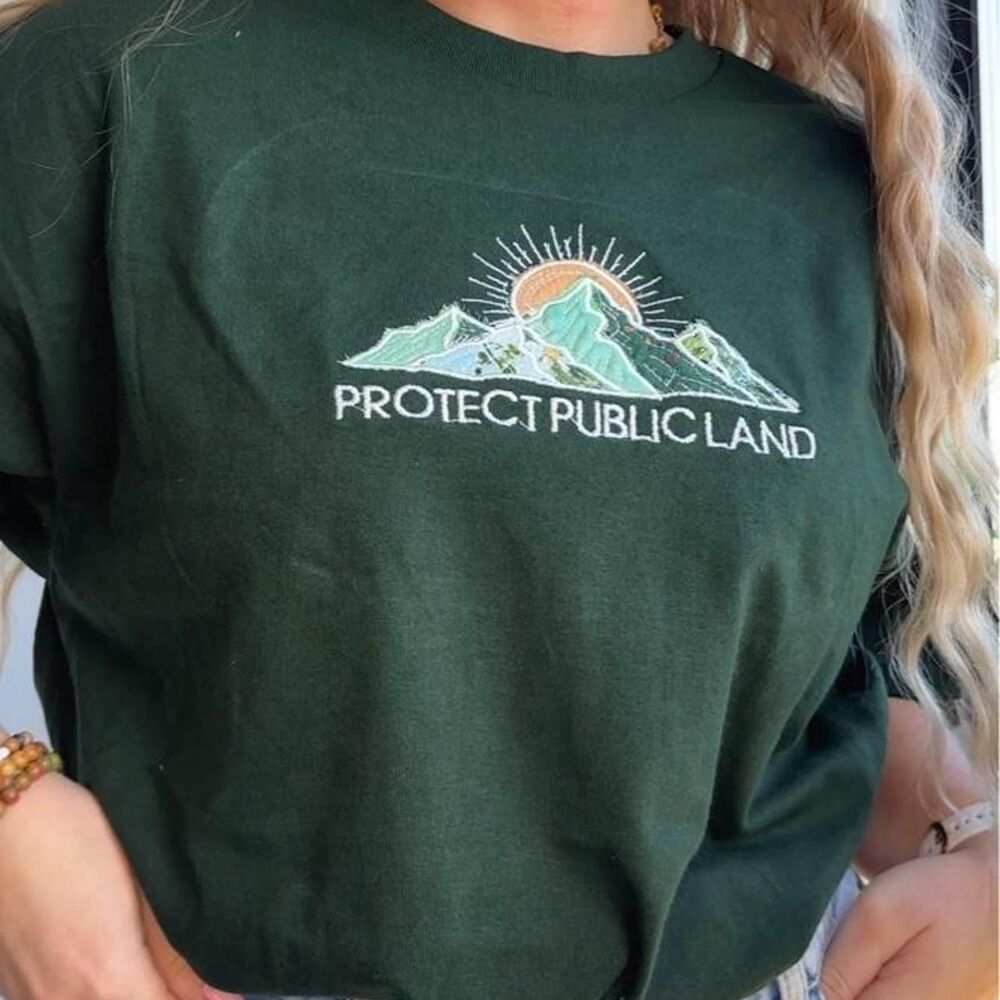 NWT 100% cotton Protect Public Lands patchwork embroidered forest green shirt
